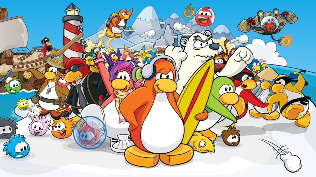 Des pingouins de dessin animé et des macareux colorés se rassemblent sur un paysage enneigé avec un navire, un phare et des montagnes en arrière-plan. Inspiré du Club Penguin, un ours polaire se tient derrière le groupe.