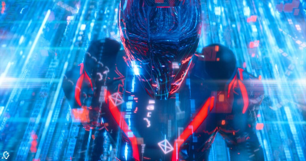 Une figure humanoïde futuriste aux accents rouge et bleu se tient dans un environnement numérique rempli de données flottantes et de néons, évoquant la saga Tron et le prochain Tron Ares sur Disney+.