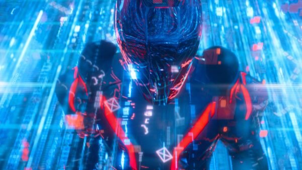 Une figure humanoïde futuriste aux accents rouge et bleu se tient dans un environnement numérique rempli de données flottantes et de néons, évoquant la saga Tron et le prochain Tron Ares sur Disney+.