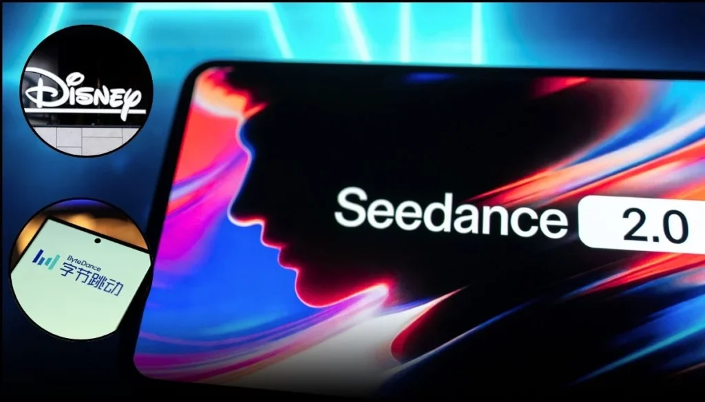 Un écran affiche "Seedance 2.0" à côté d'une silhouette de profil colorée ; deux encarts circulaires montrent le logo de Disney et un dispositif avec du texte chinois, soulignant une collaboration entre Disney et Bytedance.
