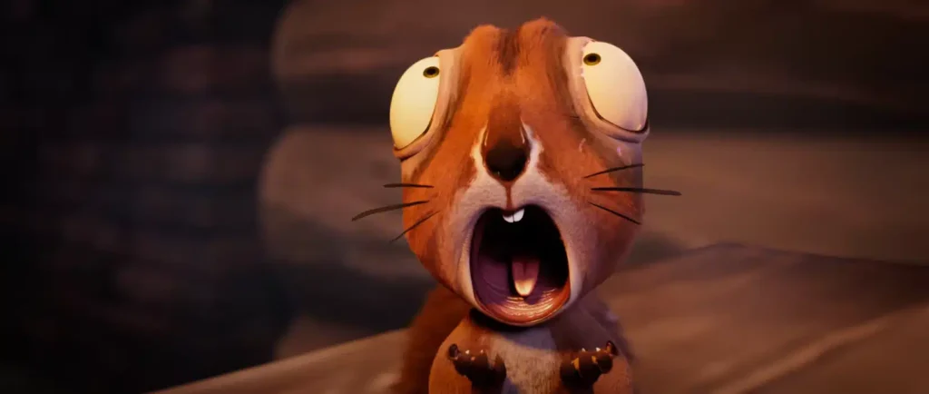 Écureuil animé aux yeux écarquillés et à la bouche ouverte, semblant surpris ou choqué, dans le style de l'animation française, sur un fond sombre flou - parfait pour les fans de Disney+ et des personnages inspirés de l'ESMA.