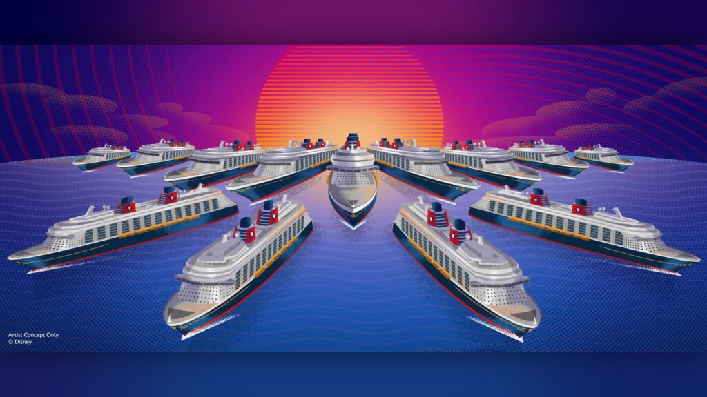 Illustration de plusieurs navires de la Disney Cruise Line, dont les nouveaux navires Disney, naviguant en formation vers un coucher de soleil stylisé avec un ciel violet et orange au-dessus d'une eau bleue.