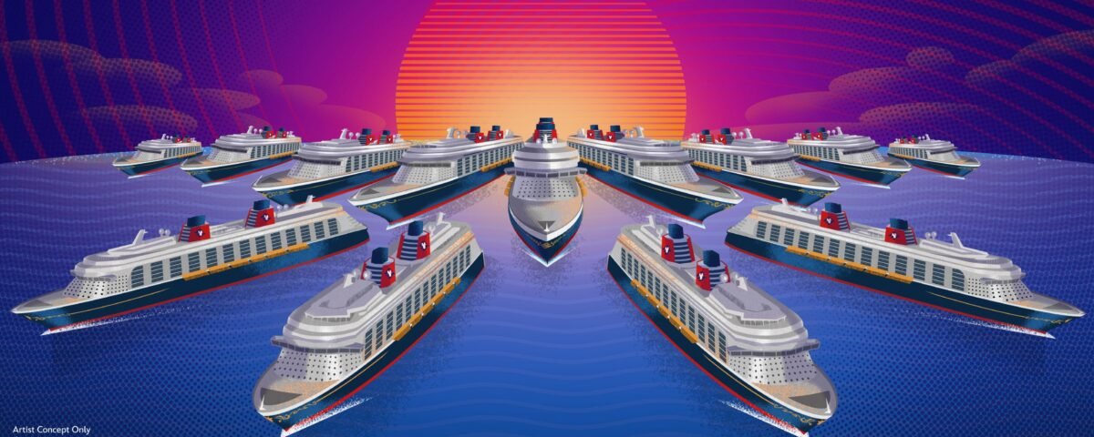 Illustration de plusieurs navires de la Disney Cruise Line, dont les nouveaux navires Disney, naviguant en formation vers un coucher de soleil stylisé avec un ciel violet et orange au-dessus d'une eau bleue.