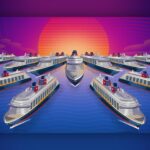 Illustration de plusieurs navires de la Disney Cruise Line, dont les nouveaux navires Disney, naviguant en formation vers un coucher de soleil stylisé avec un ciel violet et orange au-dessus d'une eau bleue.