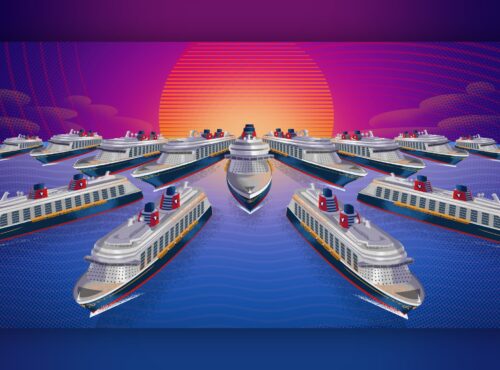 Illustration de plusieurs navires de la Disney Cruise Line, dont les nouveaux navires Disney, naviguant en formation vers un coucher de soleil stylisé avec un ciel violet et orange au-dessus d'une eau bleue.