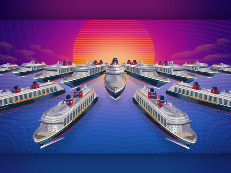 Illustration de plusieurs navires de la Disney Cruise Line, dont les nouveaux navires Disney, naviguant en formation vers un coucher de soleil stylisé avec un ciel violet et orange au-dessus d'une eau bleue.