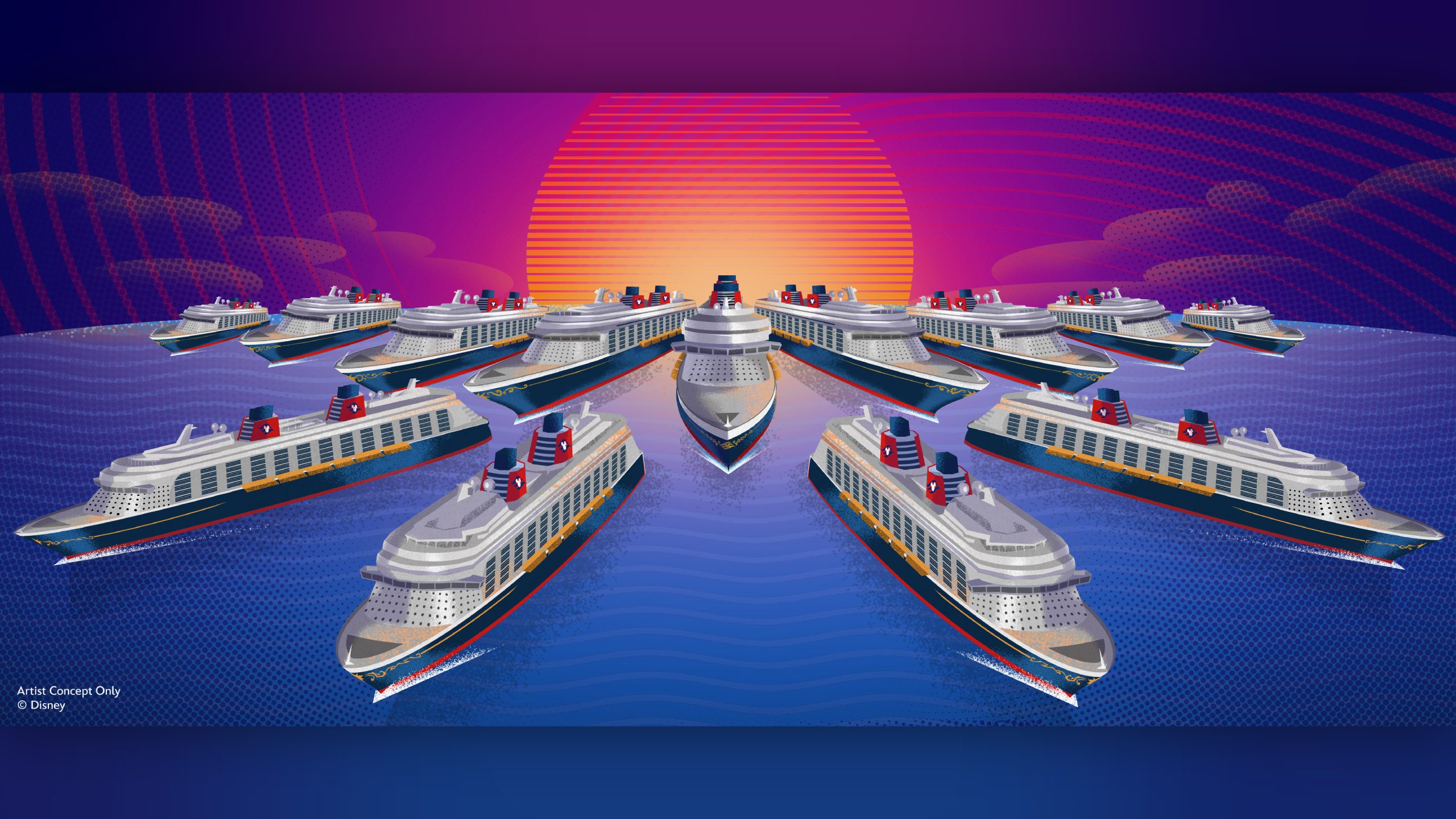 Illustration de plusieurs navires de la Disney Cruise Line, dont les nouveaux navires Disney, naviguant en formation vers un coucher de soleil stylisé avec un ciel violet et orange au-dessus d'une eau bleue.