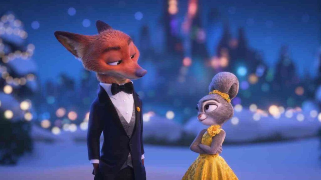 Un renard animé en smoking et un lapin en robe jaune se tiennent côte à côte avec un château flou en arrière-plan la nuit, capturant la magie caractéristique de Disney qui promet une excitation mondiale au box-office pour 2026.