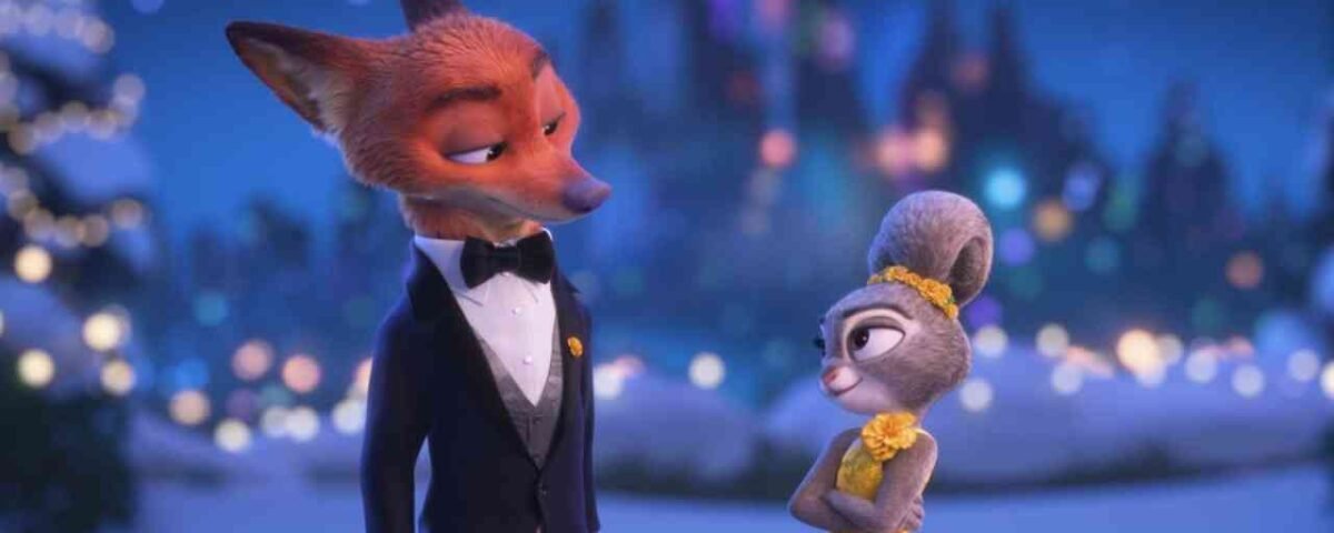 Un renard animé en smoking et un lapin en robe jaune se tiennent côte à côte avec un château flou en arrière-plan la nuit, capturant la magie caractéristique de Disney qui promet une excitation mondiale au box-office pour 2026.