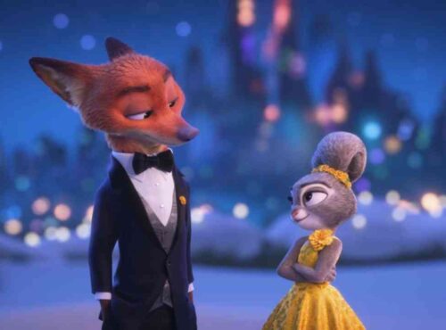 Un renard animé en smoking et un lapin en robe jaune se tiennent côte à côte avec un château flou en arrière-plan la nuit, capturant la magie caractéristique de Disney qui promet une excitation mondiale au box-office pour 2026.