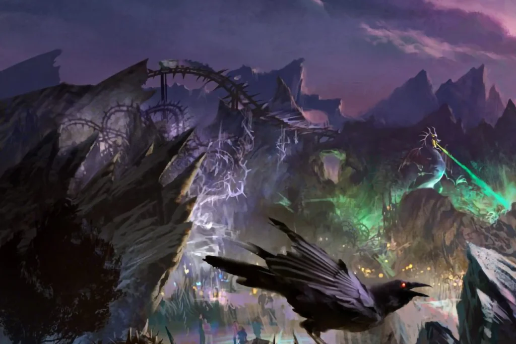 Un paysage sombre et rocailleux avec un oiseau noir géant au premier plan, des lumières vertes et violettes incandescentes, des montagnes déchiquetées et une piste de montagnes russes tordue évoquent l'allure sinistre de Disney Villains Land dans les récents plans de Disney.