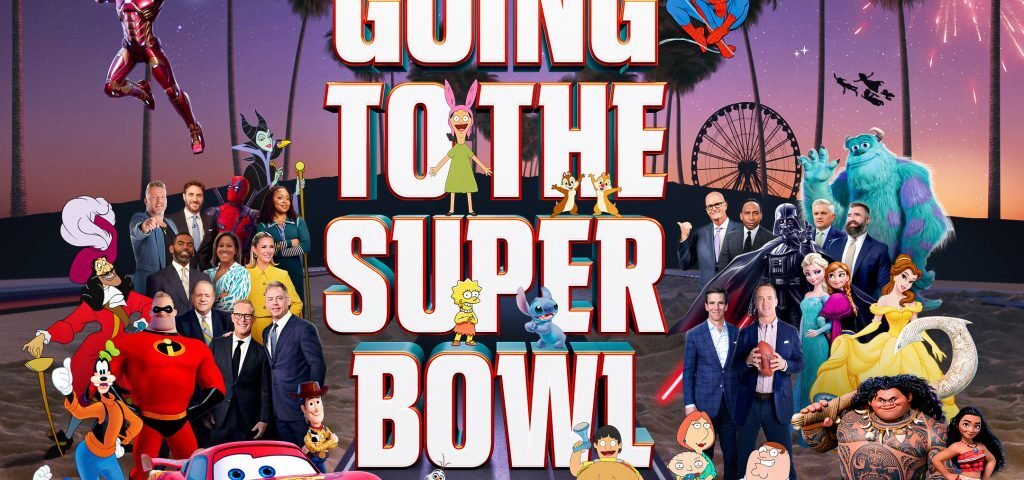 Divers personnages de Disney, Marvel, Pixar et Star Wars, ainsi que des personnalités d'ESPN et d'ABC, se rassemblent autour d'un texte en gras annonçant "We're Going to the Super Bowl !" (Nous allons au Super Bowl) à Los Angeles, 2022.