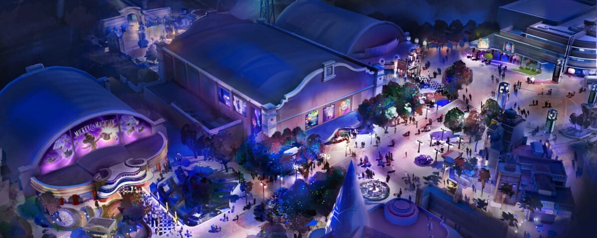 Illustration aérienne nocturne d'un parc à thème, avec des bâtiments illuminés, des allées sinueuses, des arbres et de petites foules de visiteurs. Elle capture la magie et l'excitation des Parcs à thème Disney et imagine l'avenir des parcs.