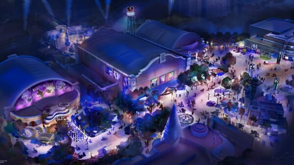 Illustration aérienne nocturne d'un parc à thème, avec des bâtiments illuminés, des allées sinueuses, des arbres et de petites foules de visiteurs. Elle capture la magie et l'excitation des Parcs à thème Disney et imagine l'avenir des parcs.