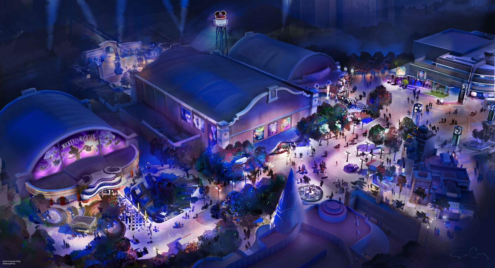 Illustration aérienne nocturne d'un parc à thème, avec des bâtiments illuminés, des allées sinueuses, des arbres et de petites foules de visiteurs. Elle capture la magie et l'excitation des Parcs à thème Disney et imagine l'avenir des parcs.