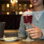 Une personne tient un verre décoratif rempli d'un dessert en couches garni de crème fouettée et de pétales de fleurs, assise à une table avec une assiette, une fourchette, et dégustant des cocktails duo exclusifs inspirés de Disneyland Paris.