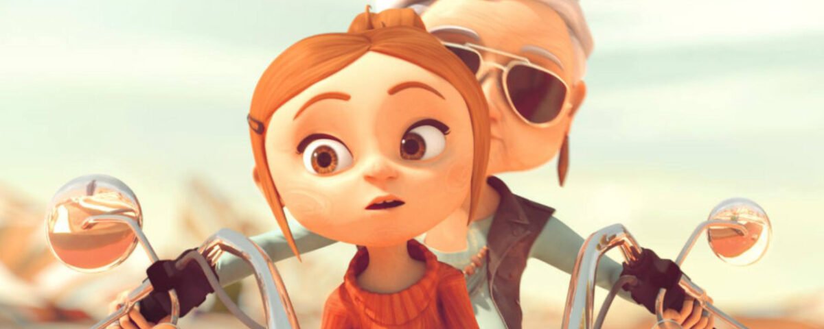 Une fille animée à l'expression surprise est assise sur une moto, avec derrière elle une femme plus âgée portant des lunettes de soleil, les mains sur le guidon - une scène qui rappelle les remarquables courts d'animation française vus sur Disney+ ou créés par les étudiants de l'ESMA.
