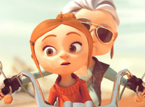 Une fille animée à l'expression surprise est assise sur une moto, avec derrière elle une femme plus âgée portant des lunettes de soleil, les mains sur le guidon - une scène qui rappelle les remarquables courts d'animation française vus sur Disney+ ou créés par les étudiants de l'ESMA.