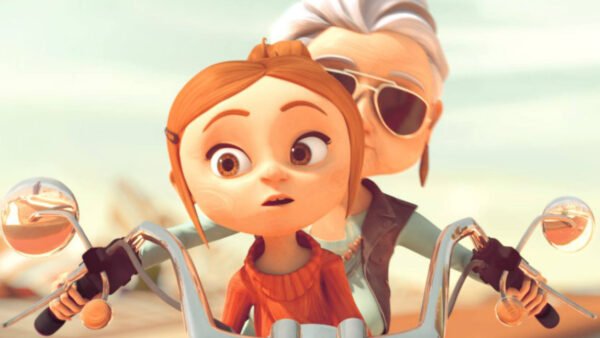 Une fille animée à l'expression surprise est assise sur une moto, avec derrière elle une femme plus âgée portant des lunettes de soleil, les mains sur le guidon - une scène qui rappelle les remarquables courts d'animation française vus sur Disney+ ou créés par les étudiants de l'ESMA.
