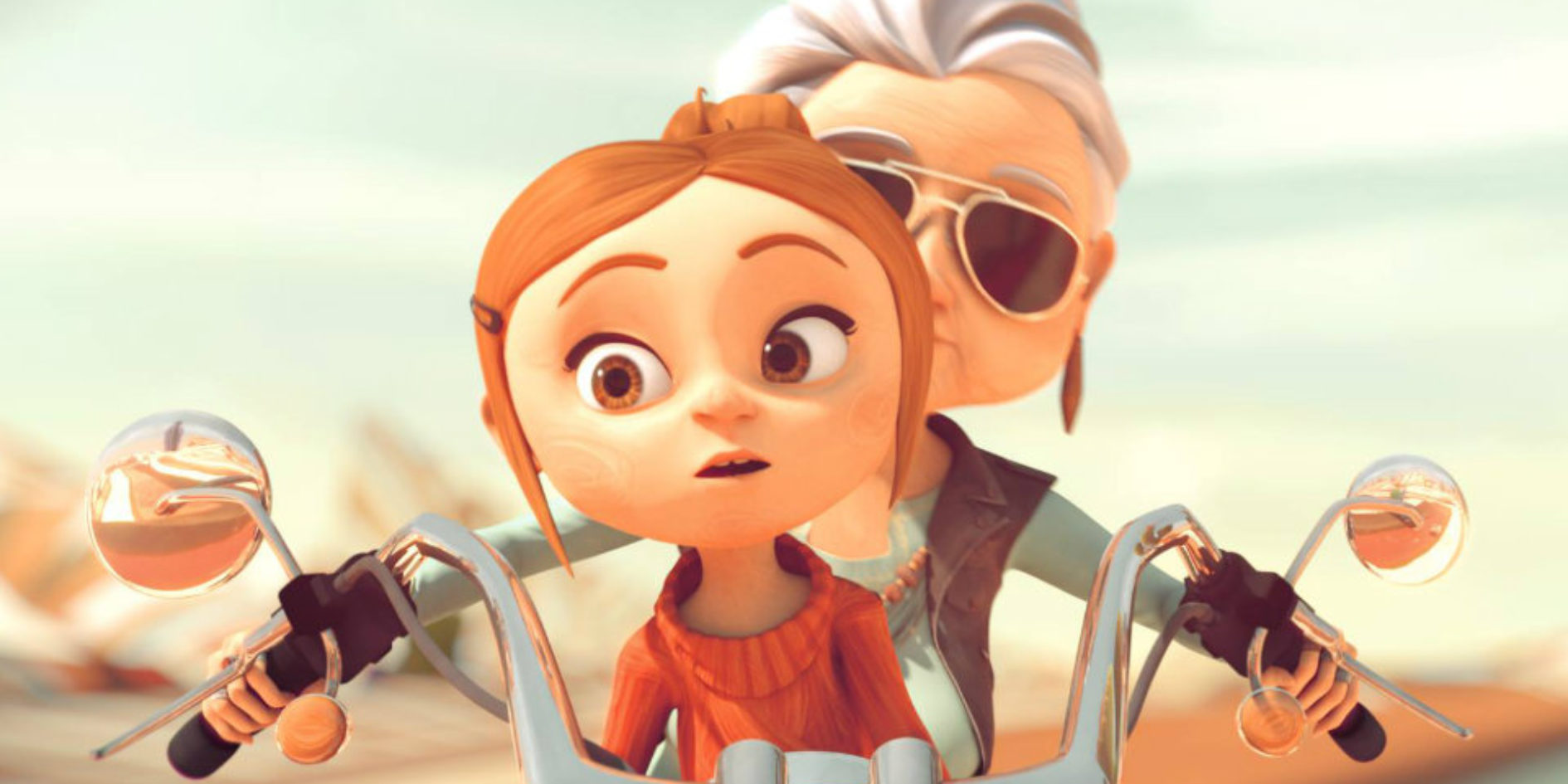 Une fille animée à l'expression surprise est assise sur une moto, avec derrière elle une femme plus âgée portant des lunettes de soleil, les mains sur le guidon - une scène qui rappelle les remarquables courts d'animation française vus sur Disney+ ou créés par les étudiants de l'ESMA.