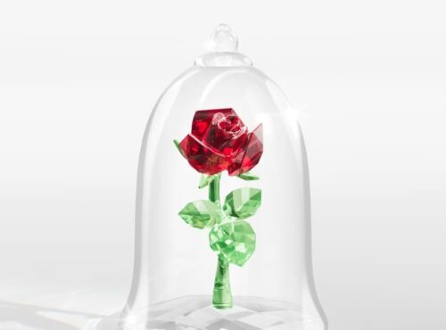 Une rose en cristal rouge et vert de Swarovski est présentée sous un dôme en verre transparent, rappelant La Belle et la Bête, sur un fond blanc uni.