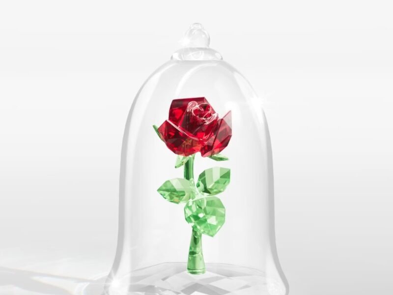 Une rose en cristal rouge et vert de Swarovski est présentée sous un dôme en verre transparent, rappelant La Belle et la Bête, sur un fond blanc uni.