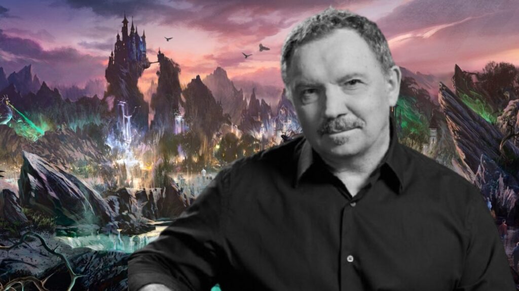 Un homme vêtu d'une chemise sombre apparaît en noir et blanc, en surimpression sur le monde fantastique et vibrant de Villains Land, avec des montagnes colorées, un château et des lumières qui rappellent la magie classique de Disney.