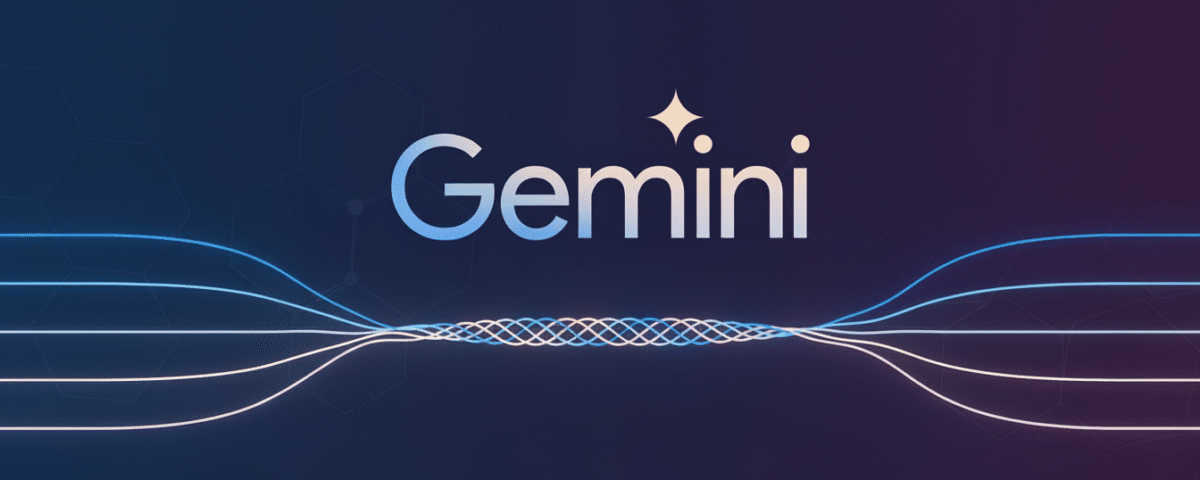 L'image représente le mot "Gemini" avec des points en forme d'étoile au-dessus du "i", sur un fond sombre avec des lignes bleues et violettes entrelacées, évoquant le style innovant de Google Gemini.