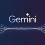 L'image représente le mot "Gemini" avec des points en forme d'étoile au-dessus du "i", sur un fond sombre avec des lignes bleues et violettes entrelacées, évoquant le style innovant de Google Gemini.