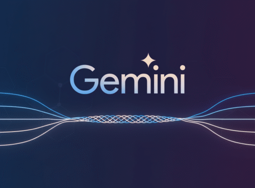 L'image représente le mot "Gemini" avec des points en forme d'étoile au-dessus du "i", sur un fond sombre avec des lignes bleues et violettes entrelacées, évoquant le style innovant de Google Gemini.