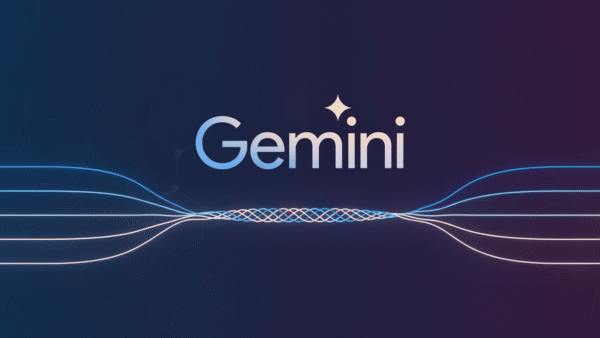 L'image représente le mot "Gemini" avec des points en forme d'étoile au-dessus du "i", sur un fond sombre avec des lignes bleues et violettes entrelacées, évoquant le style innovant de Google Gemini.