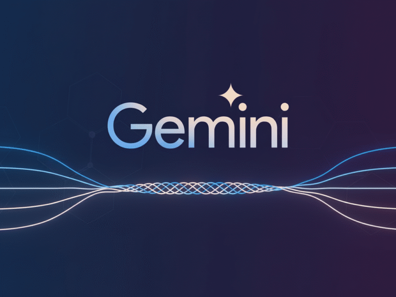 L'image représente le mot "Gemini" avec des points en forme d'étoile au-dessus du "i", sur un fond sombre avec des lignes bleues et violettes entrelacées, évoquant le style innovant de Google Gemini.