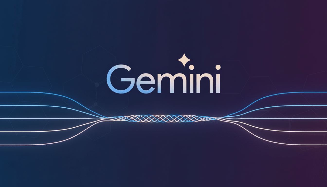 L'image représente le mot "Gemini" avec des points en forme d'étoile au-dessus du "i", sur un fond sombre avec des lignes bleues et violettes entrelacées, évoquant le style innovant de Google Gemini.