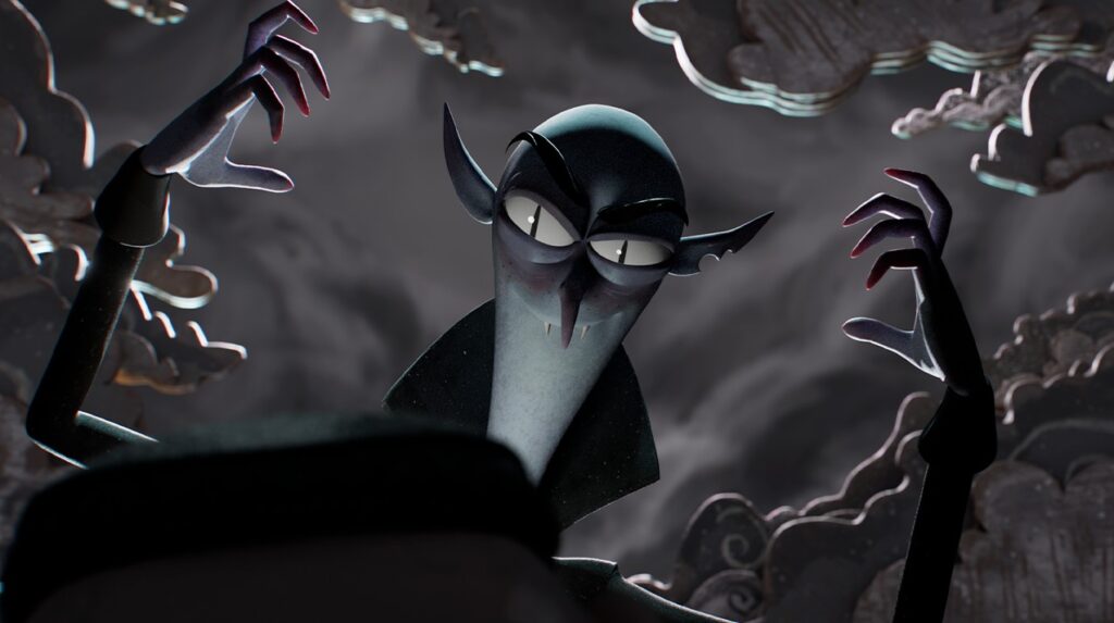 Un personnage animé de vampire à la peau pâle, aux oreilles pointues et aux dents acérées se tient debout, les mains levées, sur un fond nuageux et sombre, évoquant l'art de l'animation française de studios acclamés comme l'ESMA.