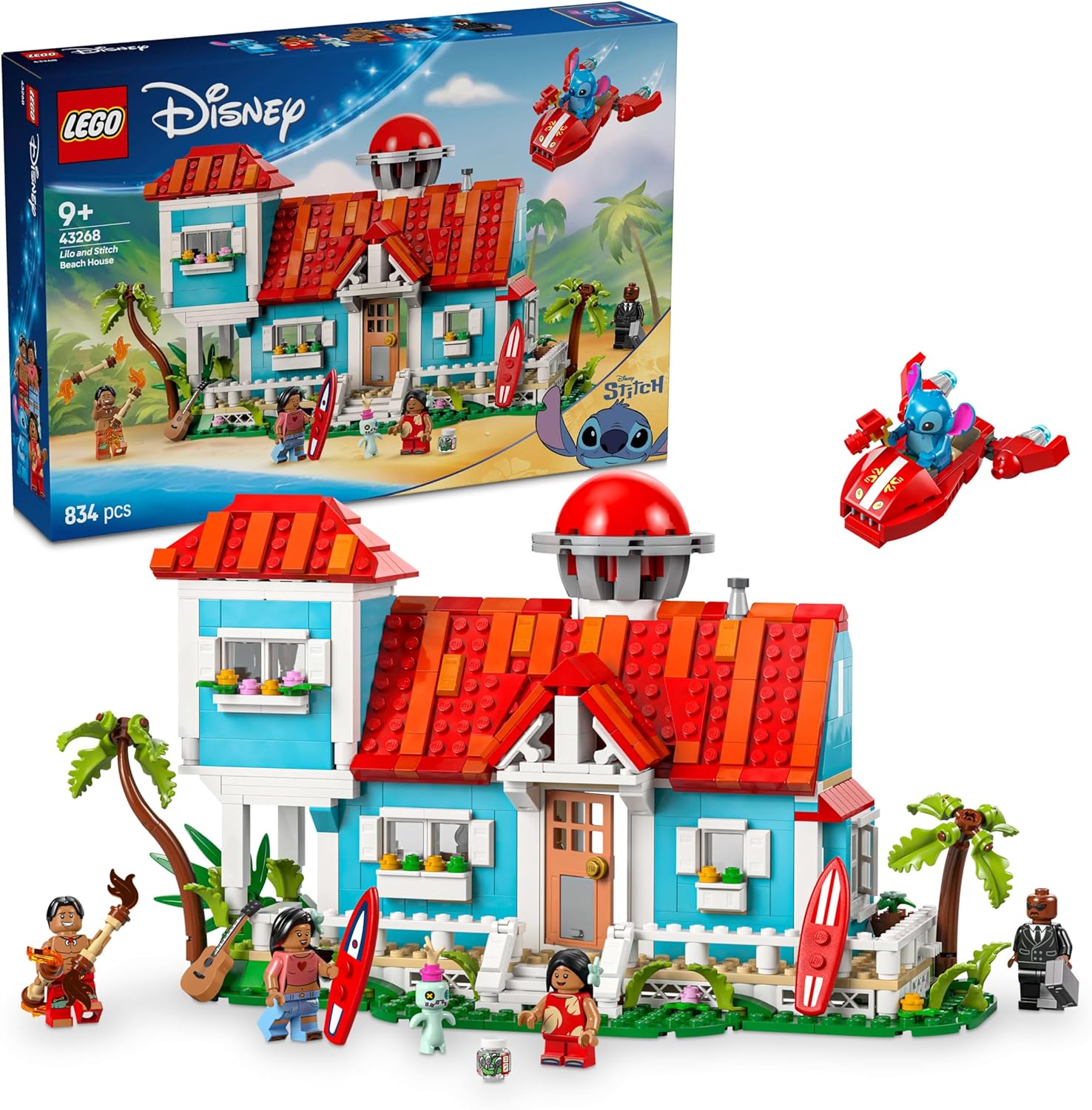 LEGO ǀ Disney La Maison sur la Plage de Lilo et Stitch - Jeu de Construction avec 6 Chambres, observatoire, Vaisseau et 5 minifigurines - Cadeau d'anniversaire pour Filles et garçons dès 9 Ans 43268