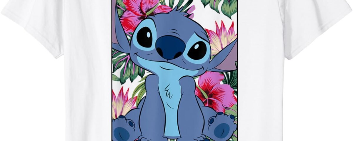 Disney Lilo & Stitch Hawaii Hibiscus Cute Floral Portrait Manche mi-longue T-Shirt, Blanc, S