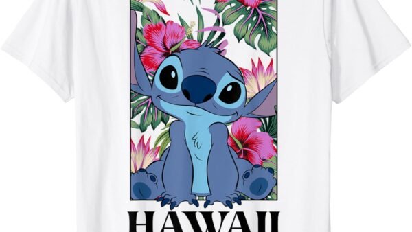 Disney Lilo & Stitch Hawaii Hibiscus Cute Floral Portrait Manche mi-longue T-Shirt, Blanc, S