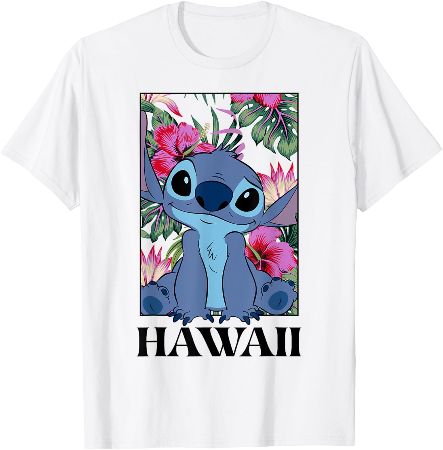Disney Lilo & Stitch Hawaii Hibiscus Cute Floral Portrait Manche mi-longue T-Shirt, Blanc, S