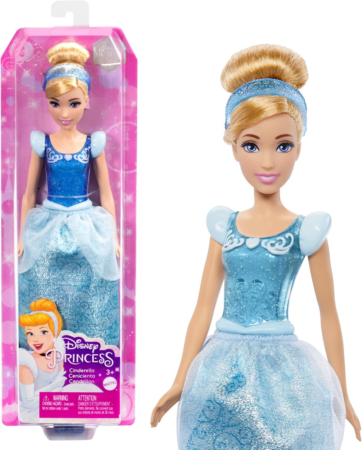Mattel Princesses Disney Poupée Cendrillon articulée avec tenue scintillante et accessoires dont chaussures et diadème, Jouet Enfant, Dès 3 ans, HLW06