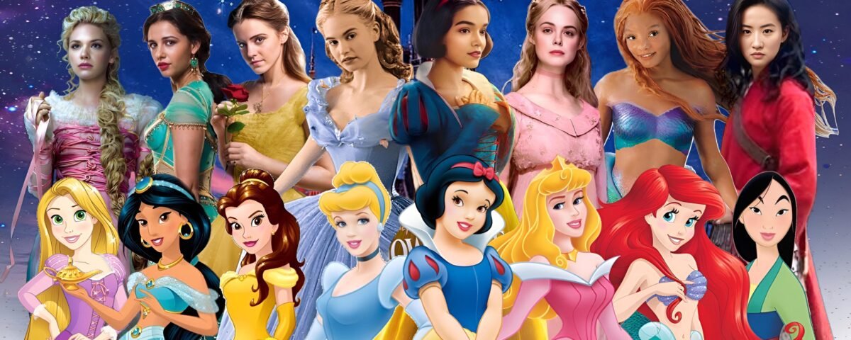 Une rangée de princesses animées de Disney se tient devant, avec des actrices en prise de vue réelle qui interprètent les mêmes princesses - soulignant la diversité et la représentation - sur un fond de nuit étoilée avec un château.