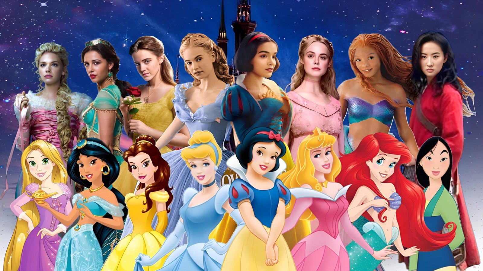 Une rangée de princesses animées de Disney se tient devant, avec des actrices en prise de vue réelle qui interprètent les mêmes princesses - soulignant la diversité et la représentation - sur un fond de nuit étoilée avec un château.