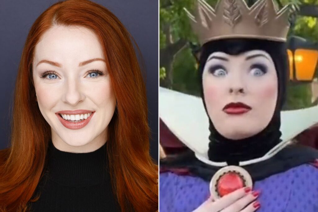Sur l'image de gauche, une femme aux longs cheveux roux sourit à la caméra ; sur l'image de droite, une personne déguisée en méchante reine de Blanche-Neige, inspirée de Disneyland, a les yeux écarquillés et porte une couronne - parfait pour une vidéo amusante.