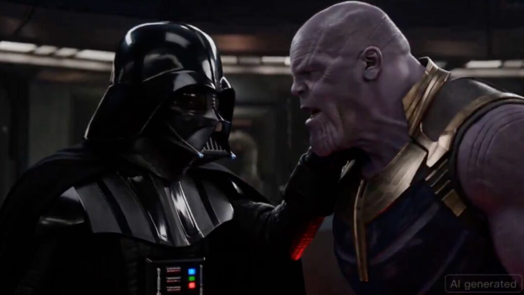 Dans une scène tendue à l'intérieur d'un vaisseau spatial Disney faiblement éclairé, Dark Vador tient Thanos par le cou tandis que la bande-son futuriste de Seedance 2.0 intensifie l'atmosphère.