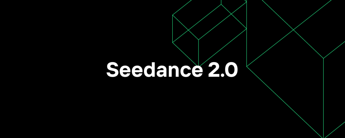 Fond noir avec des images géométriques vertes sur la droite et le texte "Seedance 2.0" de Bytedance centré en caractères gras blancs.