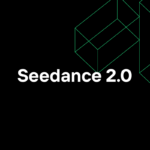 Fond noir avec des images géométriques vertes sur la droite et le texte "Seedance 2.0" de Bytedance centré en caractères gras blancs.