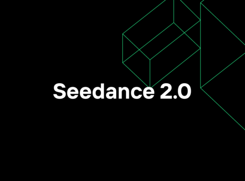 Fond noir avec des images géométriques vertes sur la droite et le texte "Seedance 2.0" de Bytedance centré en caractères gras blancs.