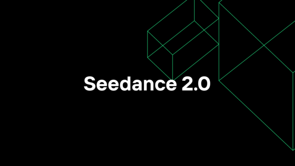 Fond noir avec des images géométriques vertes sur la droite et le texte "Seedance 2.0" de Bytedance centré en caractères gras blancs.