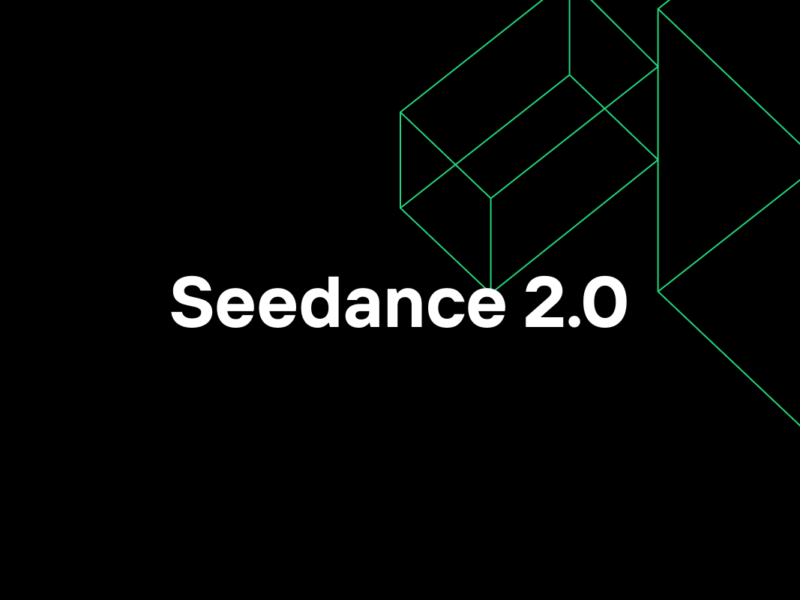 Fond noir avec des images géométriques vertes sur la droite et le texte "Seedance 2.0" de Bytedance centré en caractères gras blancs.