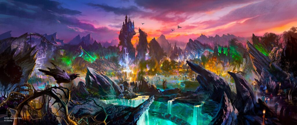 Un paysage fantastique vibrant avec des bassins lumineux, des rochers déchiquetés et un château lointain au sommet d'un pic, inspiré de Disney Villains Land, s'anime avec un éclairage coloré sous un ciel de coucher de soleil dramatique.