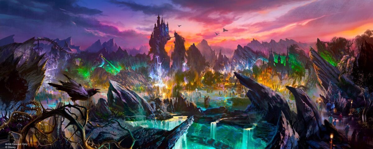 Un paysage fantastique vibrant avec des bassins lumineux, des rochers déchiquetés et un château lointain au sommet d'un pic, inspiré de Disney Villains Land, s'anime avec un éclairage coloré sous un ciel de coucher de soleil dramatique.
